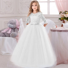 Load image into Gallery viewer, Flower Girl's Birthday Banquet Long Sleeve Lace Stitching Dress Elegant Girl's Wedding Long White Butterfly Lace Loop Dress