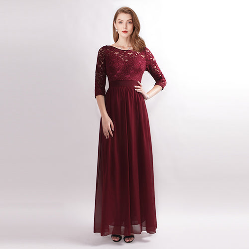 Evening Dresses A-line Jewel Ankle-length Backless Pearl Chiffon Three-Quarter Sleeve Lace Cheap Long prom Dresses