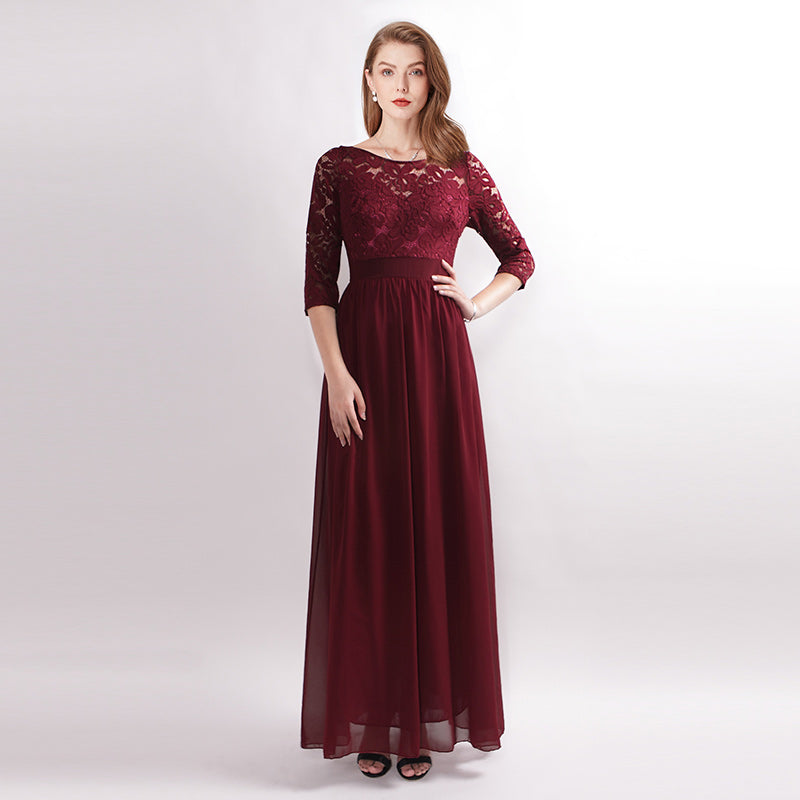 Evening Dresses A-line Jewel Ankle-length Backless Pearl Chiffon Three-Quarter Sleeve Lace Cheap Long prom Dresses
