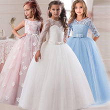 Load image into Gallery viewer, Flower Girl's Birthday Banquet Long Sleeve Lace Stitching Dress Elegant Girl's Wedding Long White Butterfly Lace Loop Dress