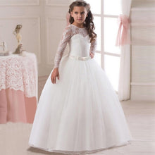 Load image into Gallery viewer, Flower Girl's Birthday Banquet Long Sleeve Lace Stitching Dress Elegant Girl's Wedding Long White Butterfly Lace Loop Dress