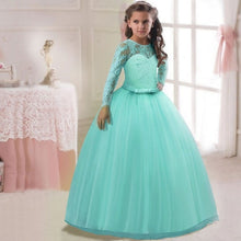 Load image into Gallery viewer, Flower Girl's Birthday Banquet Long Sleeve Lace Stitching Dress Elegant Girl's Wedding Long White Butterfly Lace Loop Dress