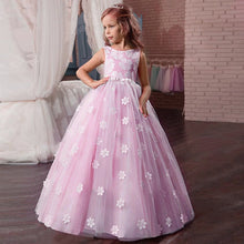 Load image into Gallery viewer, Flower Girl's Birthday Banquet Long Sleeve Lace Stitching Dress Elegant Girl's Wedding Long White Butterfly Lace Loop Dress