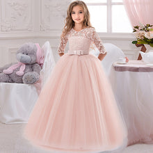 Load image into Gallery viewer, Flower Girl's Birthday Banquet Long Sleeve Lace Stitching Dress Elegant Girl's Wedding Long White Butterfly Lace Loop Dress