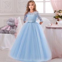 Load image into Gallery viewer, Flower Girl's Birthday Banquet Long Sleeve Lace Stitching Dress Elegant Girl's Wedding Long White Butterfly Lace Loop Dress